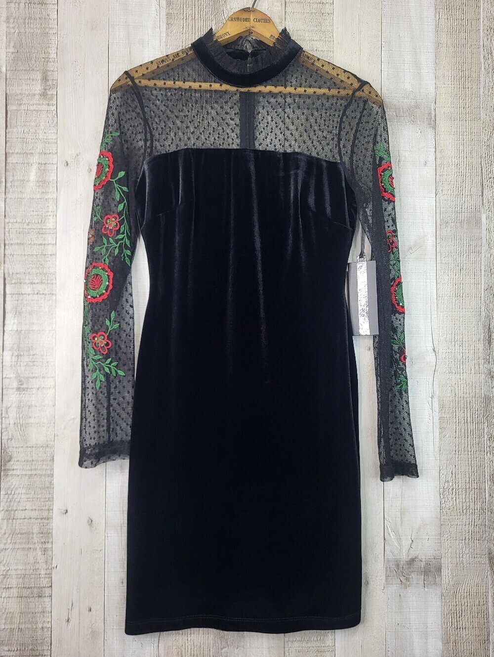 Elegant Black Velvet Dress with Sheer Embroidered Sleeves. Size 2